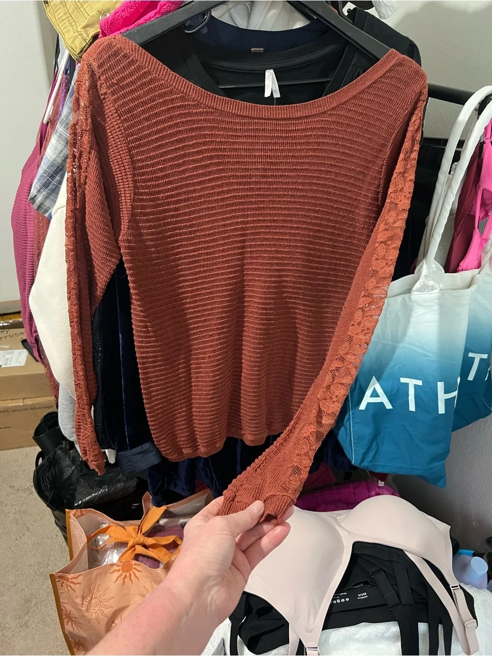 Free People Split - Back Boat Neck Rust /Terracotta Lace-Trim Sweater